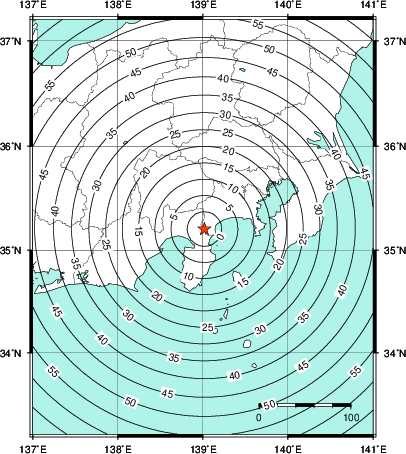 緊急地震速報第1報提供から主要動到達までの時間及び推計震度分布図