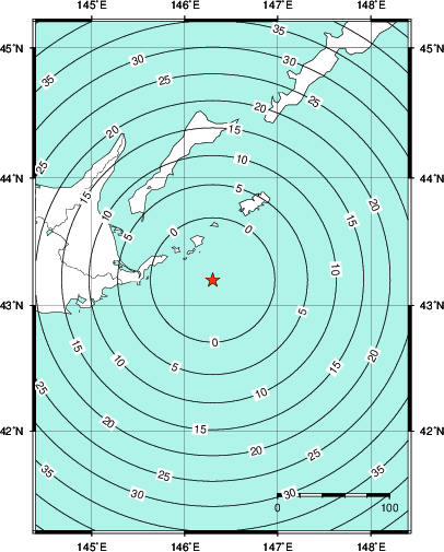 緊急地震速報第1報提供から主要動到達までの時間及び推計震度分布図