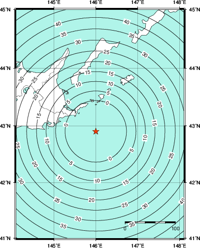 緊急地震速報第1報提供から主要動到達までの時間及び推計震度分布図