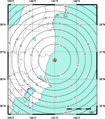 緊急地震速報第1報提供から主要動到達までの時間及び推計震度分布図