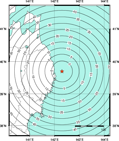 緊急地震速報第1報提供から主要動到達までの時間及び推計震度分布図