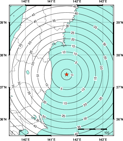 緊急地震速報第1報提供から主要動到達までの時間及び推計震度分布図