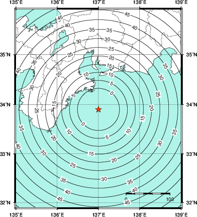 緊急地震速報第1報提供から主要動到達までの時間及び推計震度分布図