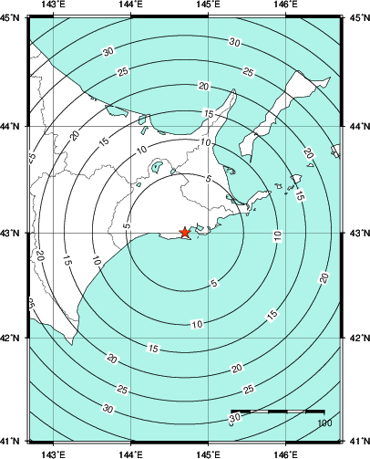 緊急地震速報第1報提供から主要動到達までの時間及び推計震度分布図