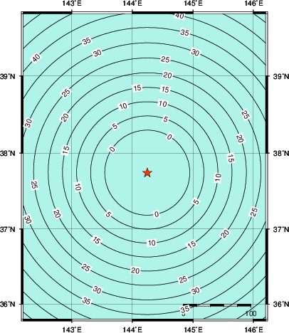 緊急地震速報第1報提供から主要動到達までの時間及び推計震度分布図