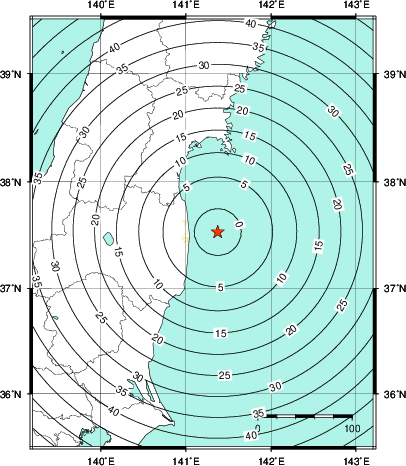 緊急地震速報第1報提供から主要動到達までの時間及び推計震度分布図
