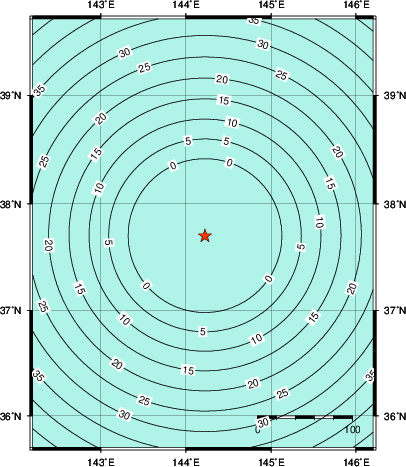 緊急地震速報第1報提供から主要動到達までの時間及び推計震度分布図