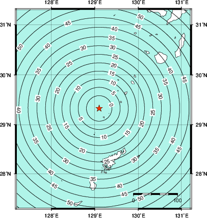 緊急地震速報第1報提供から主要動到達までの時間及び推計震度分布図