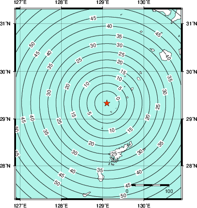 緊急地震速報第1報提供から主要動到達までの時間及び推計震度分布図