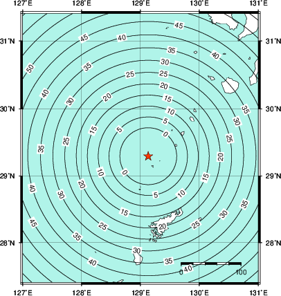 緊急地震速報第1報提供から主要動到達までの時間及び推計震度分布図