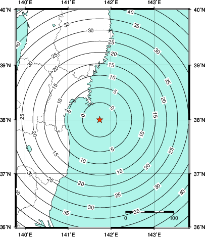 緊急地震速報第1報提供から主要動到達までの時間及び推計震度分布図