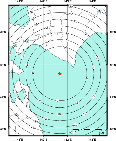 緊急地震速報第1報提供から主要動到達までの時間及び推計震度分布図
