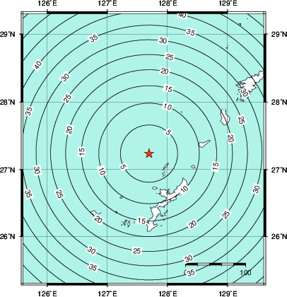 緊急地震速報第1報提供から主要動到達までの時間及び推計震度分布図