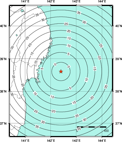 緊急地震速報第1報提供から主要動到達までの時間及び推計震度分布図