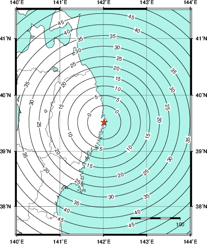 緊急地震速報第1報提供から主要動到達までの時間及び推計震度分布図