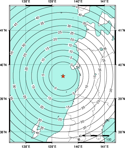 緊急地震速報第1報提供から主要動到達までの時間及び推計震度分布図