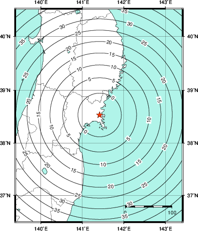 緊急地震速報第1報提供から主要動到達までの時間及び推計震度分布図