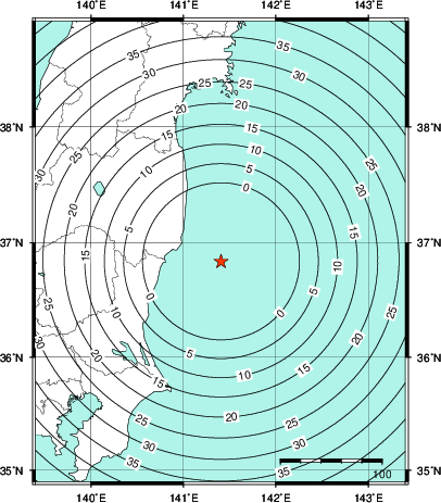 緊急地震速報第1報提供から主要動到達までの時間及び推計震度分布図