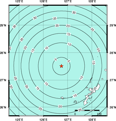 緊急地震速報第1報提供から主要動到達までの時間及び推計震度分布図