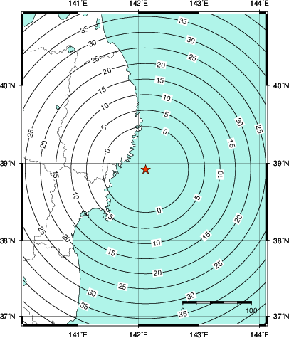 緊急地震速報第1報提供から主要動到達までの時間及び推計震度分布図