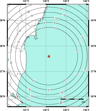 緊急地震速報第1報提供から主要動到達までの時間及び推計震度分布図