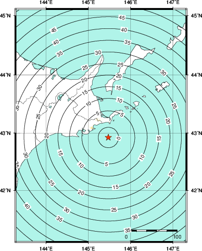 緊急地震速報第1報提供から主要動到達までの時間及び推計震度分布図