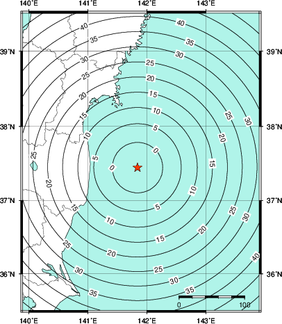 緊急地震速報第1報提供から主要動到達までの時間及び推計震度分布図
