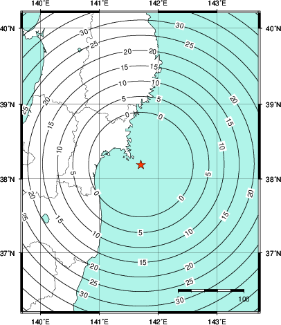 緊急地震速報第1報提供から主要動到達までの時間及び推計震度分布図