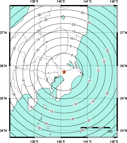 緊急地震速報第1報提供から主要動到達までの時間及び推計震度分布図