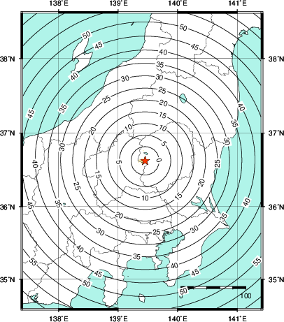緊急地震速報第1報提供から主要動到達までの時間及び推計震度分布図