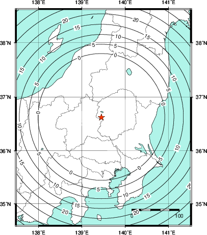 緊急地震速報第1報提供から主要動到達までの時間及び推計震度分布図