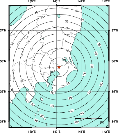 緊急地震速報第1報提供から主要動到達までの時間及び推計震度分布図
