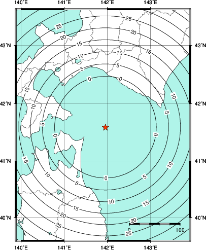 緊急地震速報第1報提供から主要動到達までの時間及び推計震度分布図
