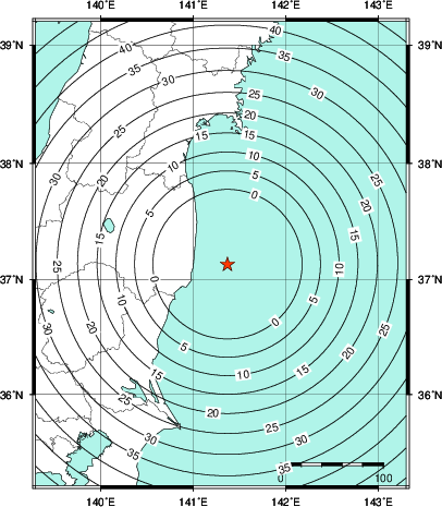 緊急地震速報第1報提供から主要動到達までの時間及び推計震度分布図