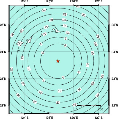 緊急地震速報第1報提供から主要動到達までの時間及び推計震度分布図