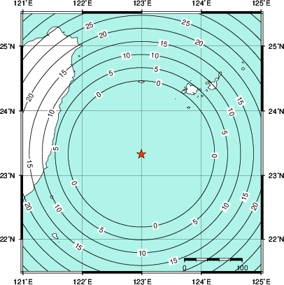 緊急地震速報第1報提供から主要動到達までの時間及び推計震度分布図