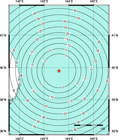 緊急地震速報第1報提供から主要動到達までの時間及び推計震度分布図