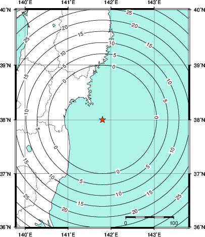 緊急地震速報第1報提供から主要動到達までの時間及び推計震度分布図