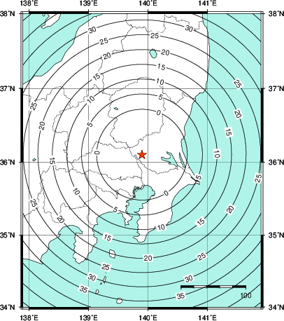 緊急地震速報第1報提供から主要動到達までの時間及び推計震度分布図