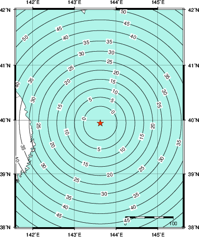 緊急地震速報第1報提供から主要動到達までの時間及び推計震度分布図
