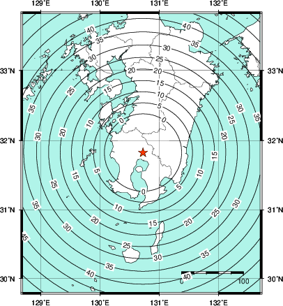 緊急地震速報第1報提供から主要動到達までの時間及び推計震度分布図