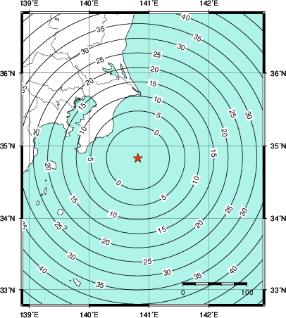 緊急地震速報第1報提供から主要動到達までの時間及び推計震度分布図