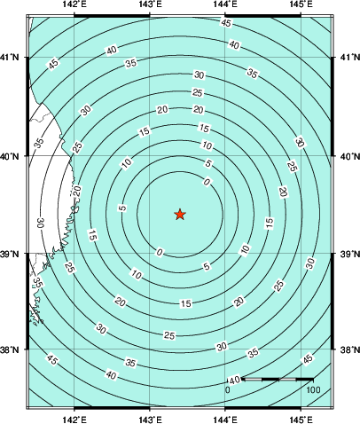 緊急地震速報第1報提供から主要動到達までの時間及び推計震度分布図