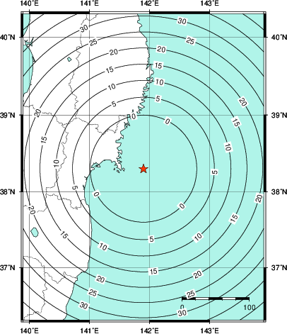 緊急地震速報第1報提供から主要動到達までの時間及び推計震度分布図