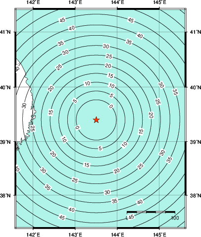 緊急地震速報第1報提供から主要動到達までの時間及び推計震度分布図