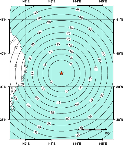 緊急地震速報第1報提供から主要動到達までの時間及び推計震度分布図