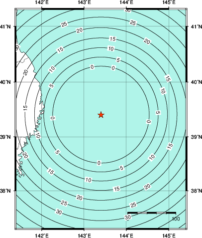 緊急地震速報第1報提供から主要動到達までの時間及び推計震度分布図