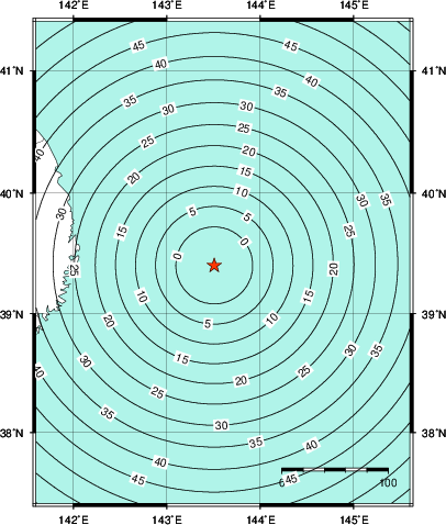 緊急地震速報第1報提供から主要動到達までの時間及び推計震度分布図