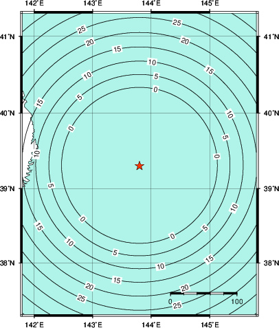 緊急地震速報第1報提供から主要動到達までの時間及び推計震度分布図