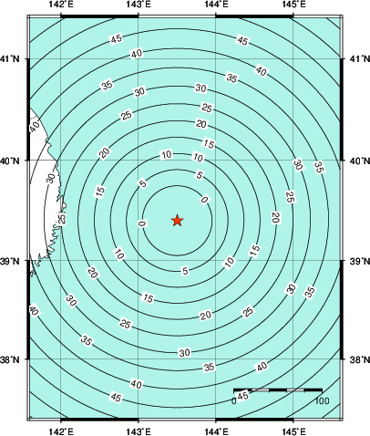 緊急地震速報第1報提供から主要動到達までの時間及び推計震度分布図